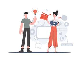 A man and a woman stand to their full height and hold a movie clapperboard and a light bulb. Blogging. Element for presentations, sites. vector