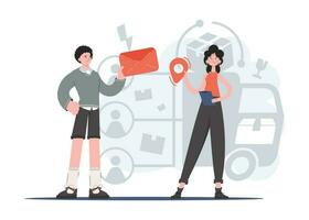 A man and a woman are standing in full growth, holding a geolocation icon and an envelope in their hands. Delivery. Element for presentations, sites. vector