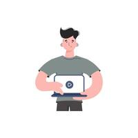 A man stands waist-deep turns on the video on a laptop. Isolated. Element for presentations, sites. vector