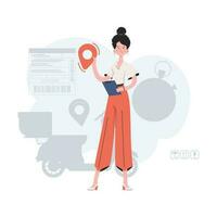 A woman stands in full growth and holds a navigation sign in her hands. Delivery. Element for presentations, sites. vector