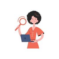 The girl is waist-deep holding a computer and a magnifying glass. Isolated. Element for presentations, sites. vector