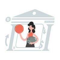 un mujer soportes hasta la cintura participación un moneda y un cerdito banco de ahorros en su manos. elemento para presentaciones, sitios vector