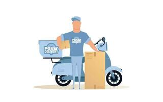 A guy courier with a box stands beside a scooter. The concept of delivery. On a white background, isolated. Illustration in vector format.