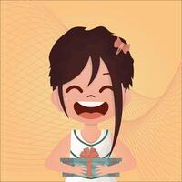 The little girl is happy, holding a gift in her hands. A child with a festive box in his hands on a yellow background. illustration. vector
