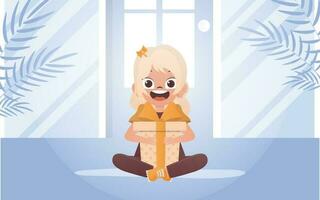 A happy girl sits in a lotus position with a gift in her hands. Vector illustration.