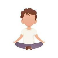 Little boy meditates Meditates. Isolated. Cartoon style. vector