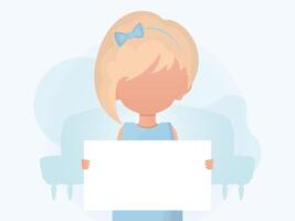 Little girl holding an empty banner in her hands. Advertising banner. Cartoon style. vector