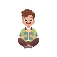 A small boy child is depicted in the lotus position and holding a box with a bow in his hands. Birthday, New Year or holidays theme. Isolated. Cartoon style. vector