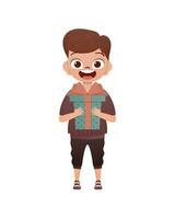 A small boy of preschool age is depicted in full growth and holds a box with a bow in his hands. Birthday, New Year or holidays theme. Isolated. Cartoon style. vector