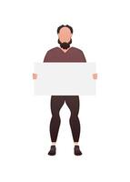 A guy with a strong physique holds an empty space for advertising in his hands. Isolated. Cartoon style. vector