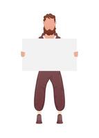 A guy with a strong physique holds an empty banner in his hands. Isolated. Cartoon style. vector