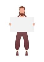 A guy with a strong physique holds an empty banner in his hands. Isolated. Cartoon style. vector