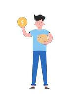 The guy in full growth holds a piggy bank and a coin. Isolated on white background. Good for apps, presentations and websites. Vector. vector