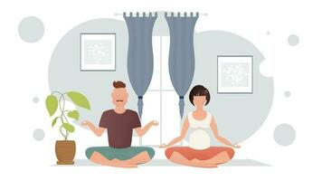 un chico con un fuerte físico y un joven niña son haciendo yoga en el habitación. yoga. dibujos animados estilo. vector