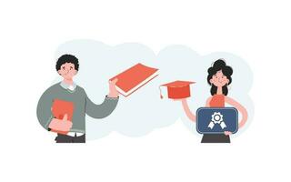 A man and a woman stand with a belt and hold a diploma. Education. Element for presentations, sites. vector