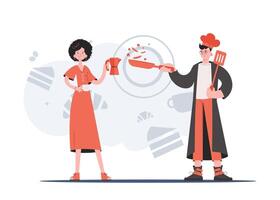 A man and a woman stand in full growth and hold a coffee pot and a frying pan. Cafe. Element for presentations, sites. vector