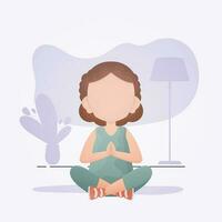 pequeño niña se sienta en el loto posición. linda yoga, atención plena y relajación. vector ilustración en dibujos animados estilo.