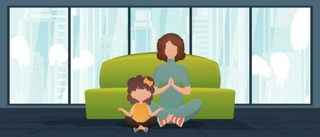 Mom and little daughter do yoga together in the lotus position. Design in cartoon style. Vector. vector