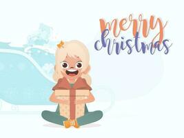 A cute little girl is holding a gift box in her hands. Merry christmas banner. Flat style. vector