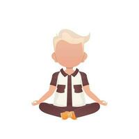 A little boy is engaged in the lotus position. Isolated. Cartoon style. vector