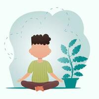 A cute little boy is sitting in the lotus position and doing yoga in the room. Healthy life concept. Vector illustration in cartoon style.