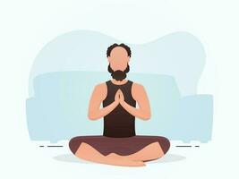 un hombre se sienta meditando en el loto posición. yoga. dibujos animados estilo. vector