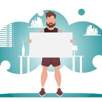 A man in full growth holds an empty banner in his hands. Place for your advertisement. Cartoon style. vector