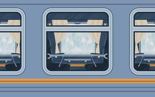 ventanas de un vacío viajero diario al trabajo tren. carril transporte es mostrado afuera. dibujos animados estilo. plano estilo. vector