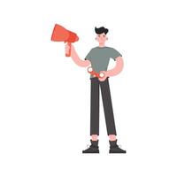 A man stands in full growth holding a loudspeaker and binoculars. Isolated. Element for presentations, sites. vector