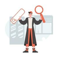 A man stands in full growth and holds a magnifying glass in his hands. Search. Element for presentations, sites. vector