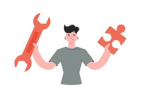 A man stands waist-deep holding a wrench and a puzzle. Isolated. Element for presentations, sites. vector