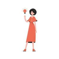 A woman stands in full growth who had an idea in the form of a light bulb. Isolated. Element for presentations, sites. vector