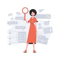 A stylish girl stands in full growth and holds a magnifying glass in her hands. HR. Element for presentations, websites. vector