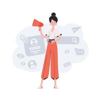 A woman stands in full growth and holds a loudspeaker in her hands. HR theme. Element for presentations, sites. vector