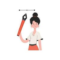 A woman stands waist-deep and holds a pen tool in her hands. Isolated. Element for presentations, sites. vector