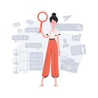 A woman stands in full growth and holds a magnifying glass in her hands. HR. Element for presentations, websites. vector