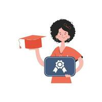 The girl stands waist-deep and holds a diploma. Isolated.. Element for presentations, sites. vector
