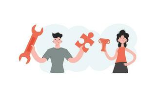 A man and a woman stand with a belt and hold a wrench and a goblet. Tech support. Element for presentations, sites. vector