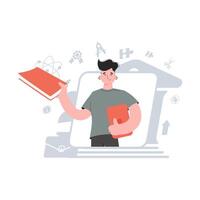 The guy is waist-deep with a book and a tablet. Online school. Element for presentations, sites. vector