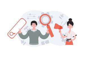 A man and a woman stand with a belt and hold a magnifying glass and a loudspeaker. Human resource. Element for presentations, sites. vector