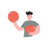 A man stands waist-deep holding a coin and a piggy bank in his hands. Isolated. Element for presentations, sites. vector