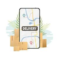 Rápido entrega concepto. un montón de cajas y cosas, un teléfono con un mapa. vector