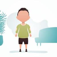 A cute little boy is standing in the room. Banner with a child. Vector illustration in cartoon style.