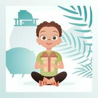 Smiling child boy sits in a lotus position and holds a box with a bow in his hands. Birthday, new year or holidays theme. Vector illustration in cartoon style.