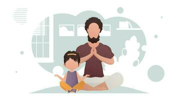 papá y hija son sentado meditando meditación. dibujos animados estilo. vector