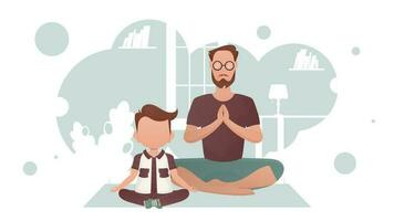 Dad with little son are sitting meditating in the room. Meditation. Cartoon style. vector