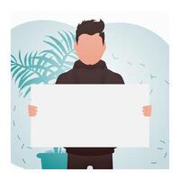 A guy with a strong physique holds an empty banner in his hands. Rally. Cartoon style. vector