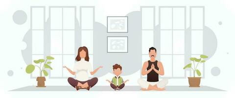 Husband and wife with an adorable baby are sitting in a lotus position in a room. Yoga. Cartoon style. vector