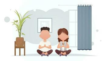 A boy and a girl are sitting in the lotus position in the room. Yoga. Cartoon style. vector