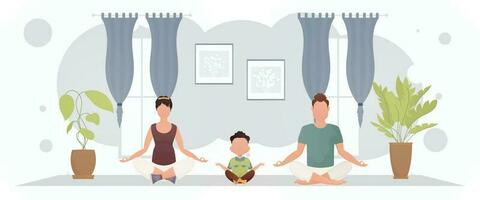 un marido y esposa con un adorable bebé meditar en el loto posición en el habitación. meditación. dibujos animados estilo. vector